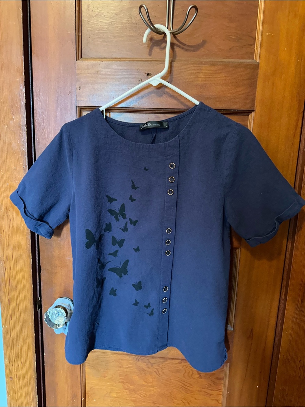Zanzea Navy Blue Short Sleeve Butterfly-Print Top
